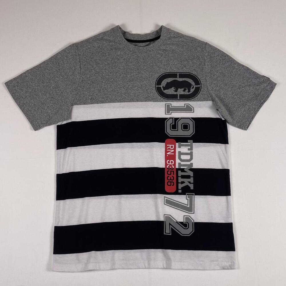 Ecko Unltd Striped Tee S Grey Navy Y2K Streetwear